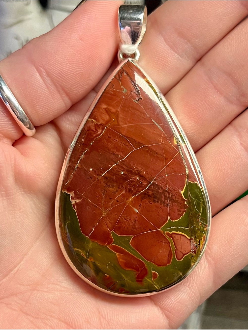 Red Green Teardrop Cherry creek Jasper Pendant - 925 Silver 44x81mm